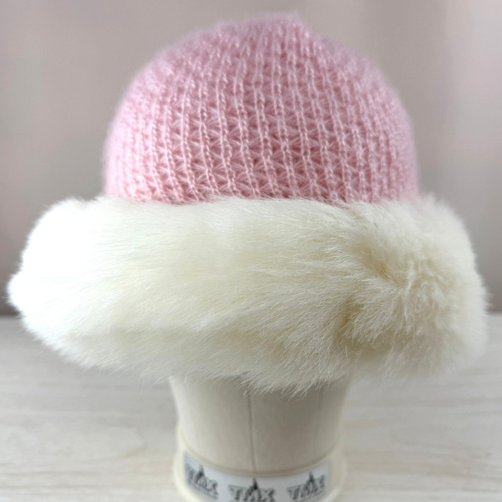 Vintage Faux Fur Trim Knit Womens Hat Pink White Beanie Apres Ski Glam Vegan USA